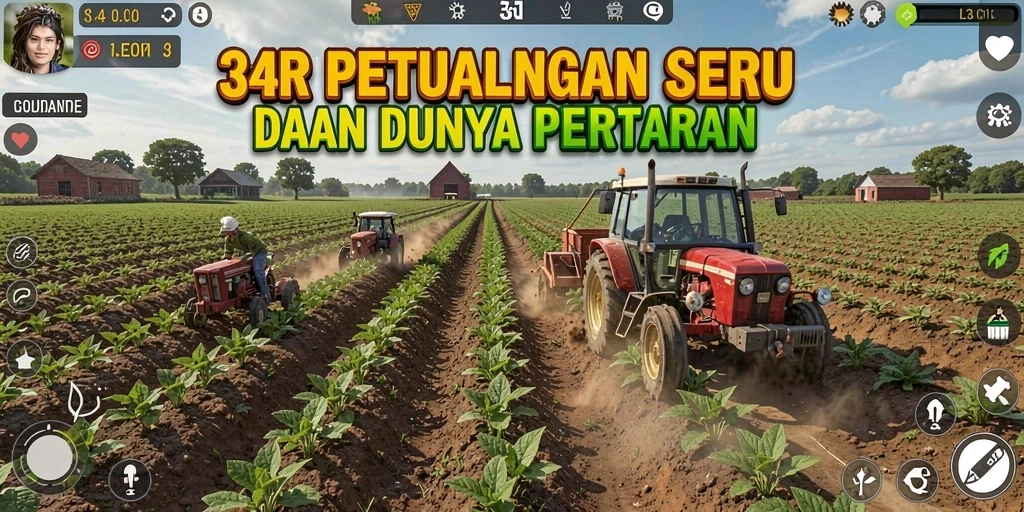 Gameplay pertanian seru dalam 34R dengan berbagai aktivitas dan interaksi.