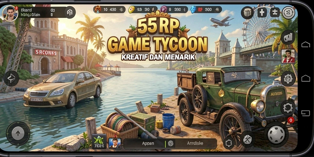 Screenshot utama 55RP menampilkan beragam usaha yang sedang dikelola.