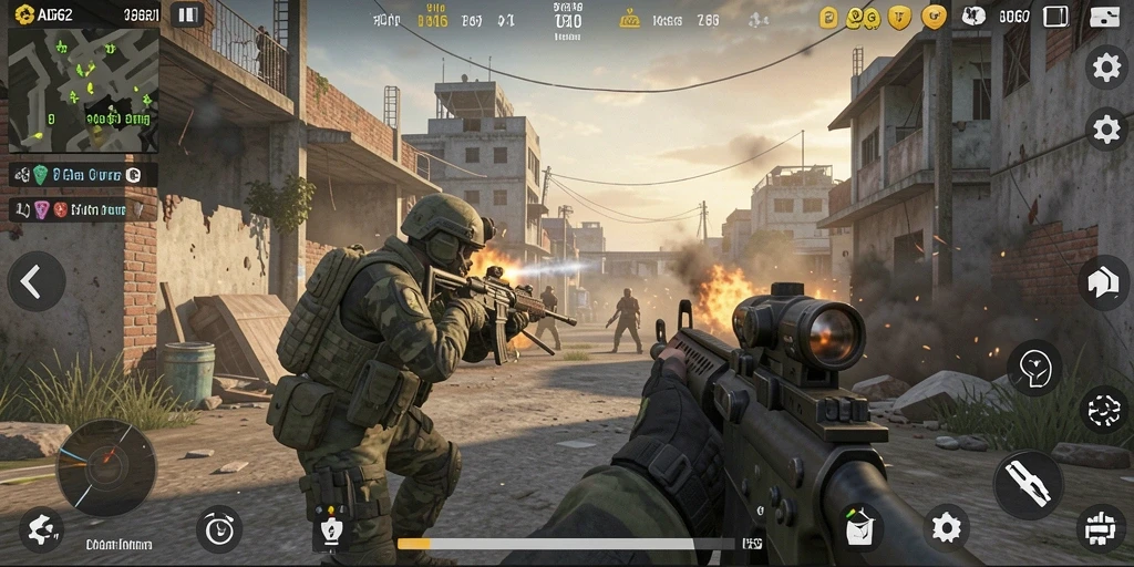 Tampilan gameplay ADG62 yang mendebarkan dan realistis dalam pertempuran FPS.