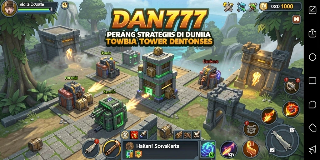 Screenshot gameplay menunjukkan aksi menara pertahanan yang seru