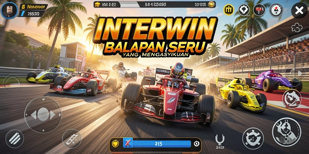Screenshot utama INTERWIN menunjukkan aksi balap yang mendebarkan dengan kendaraan yang melaju cepat.