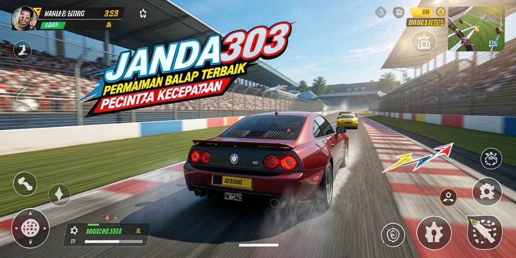 Screenshot gameplay JANDA303 menampilkan mobil balap melaju kencang di track yang menantang.
