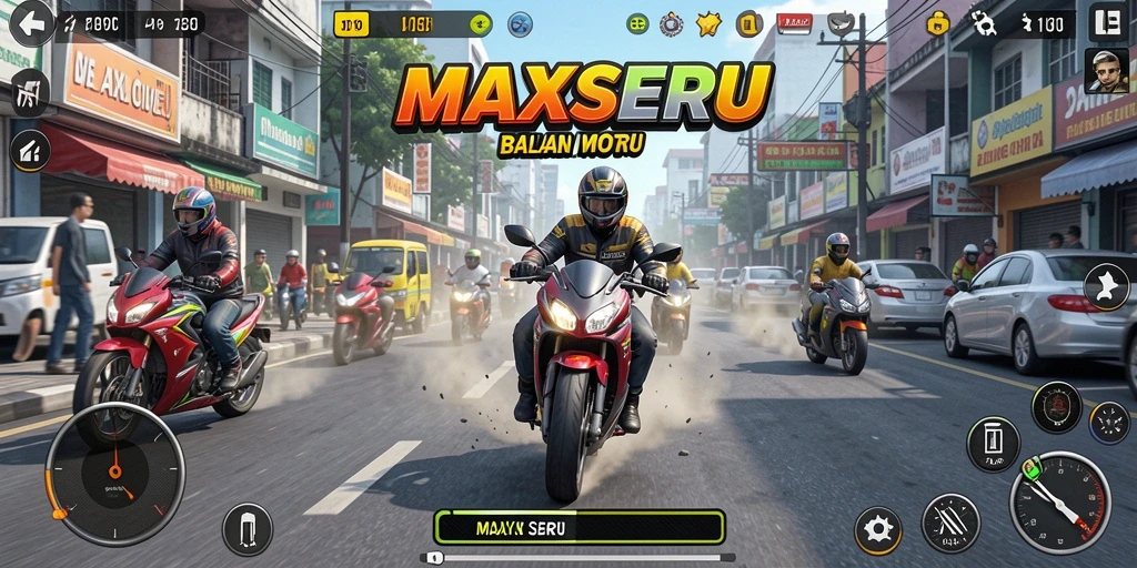 Screenshot gameplay menampilkan balapan motor yang mendebarkan di <strong>MAXSERU</strong>.