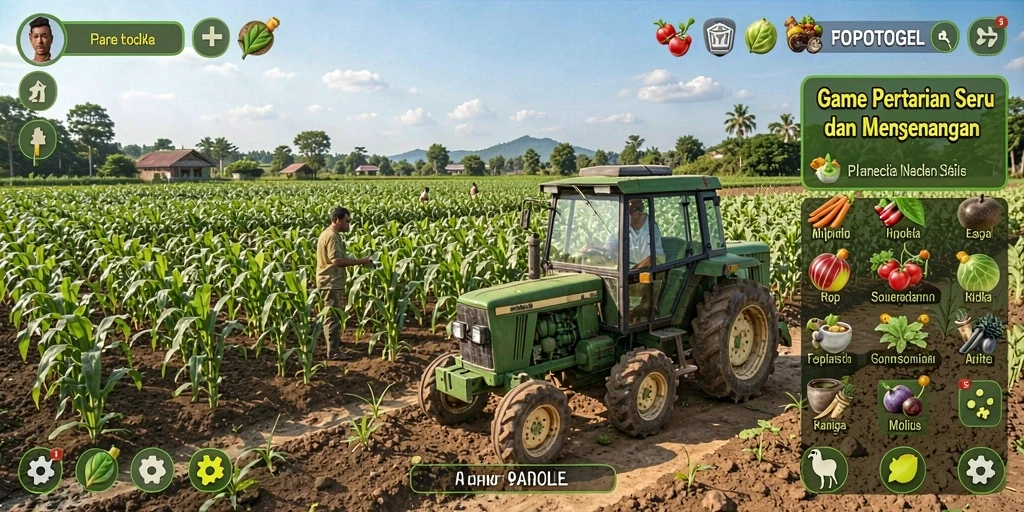 Screenshot gameplay POPOTOGEL menunjukkan ladang yang subur dengan beragam tanaman.