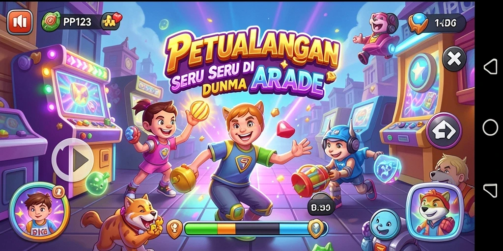 Screenshot gameplay PP123 menunjukkan aksi seru dan berwarna-warni dari game Arcade.