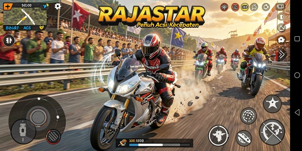 Tangkapan layar RAJASTAR menunjukkan balapan motor yang seru dan penuh aksi.