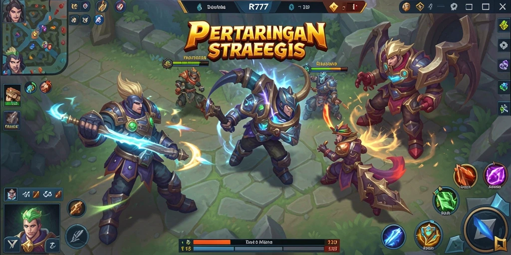 Screenshot RR777 menunjukkan intensitas pertarungan di arena MOBA.