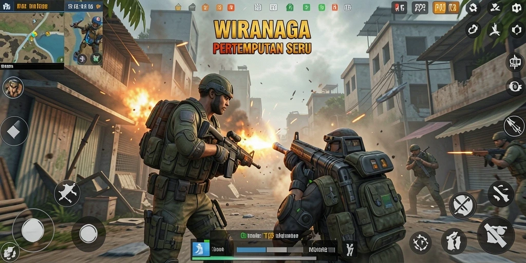 Screenshot utama WIRANAGA yang menunjukkan aksi pertempuran seru.