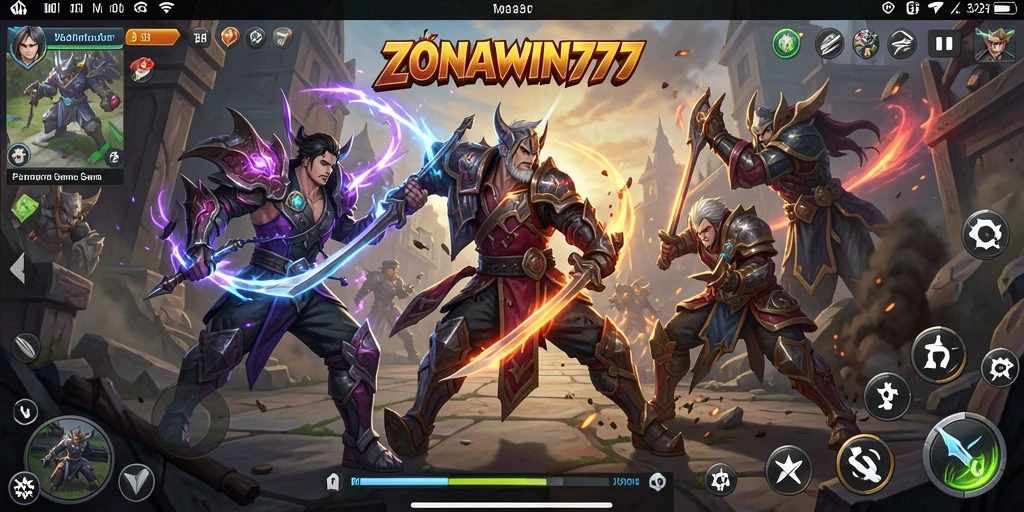 Screenshot utama ZONAWIN777 menampilkan pertarungan seru antar karakter.